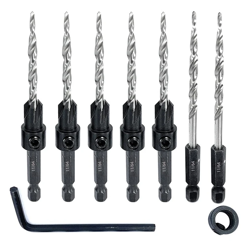 5Pcs Wood Countersink Drill Bit Set With 2Pcs Counter Sinker Replacement Tapered Drill Bit For Drilling Pilot Hole