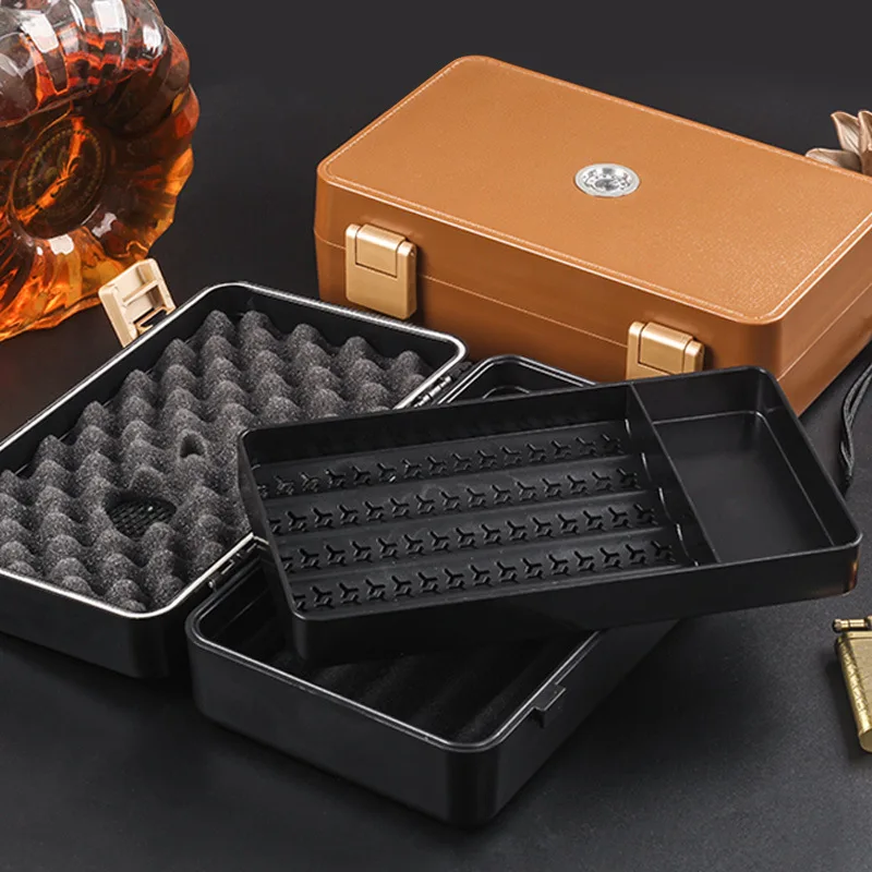 Travel Cigar Humidor With Hygrometer Humidifier Double Layer Design Box For Cigar Accessories Cutter Lighter Hold 8-10 Cigars