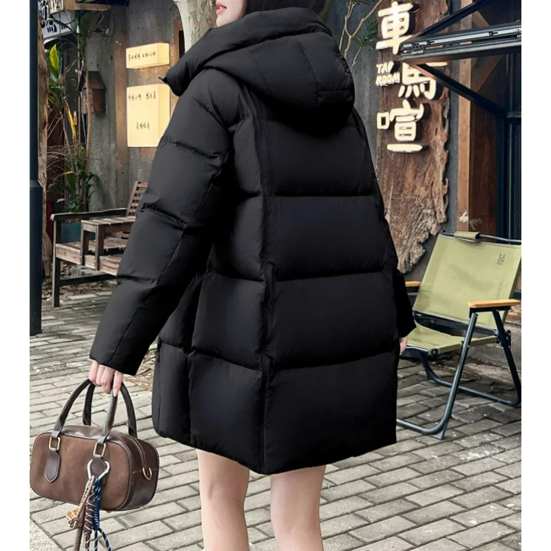 女性フード付き防寒ダックダウンコート冬のファッションプラスサイズミッドレングス厚く暖かく保つ黄色通勤ストレート服