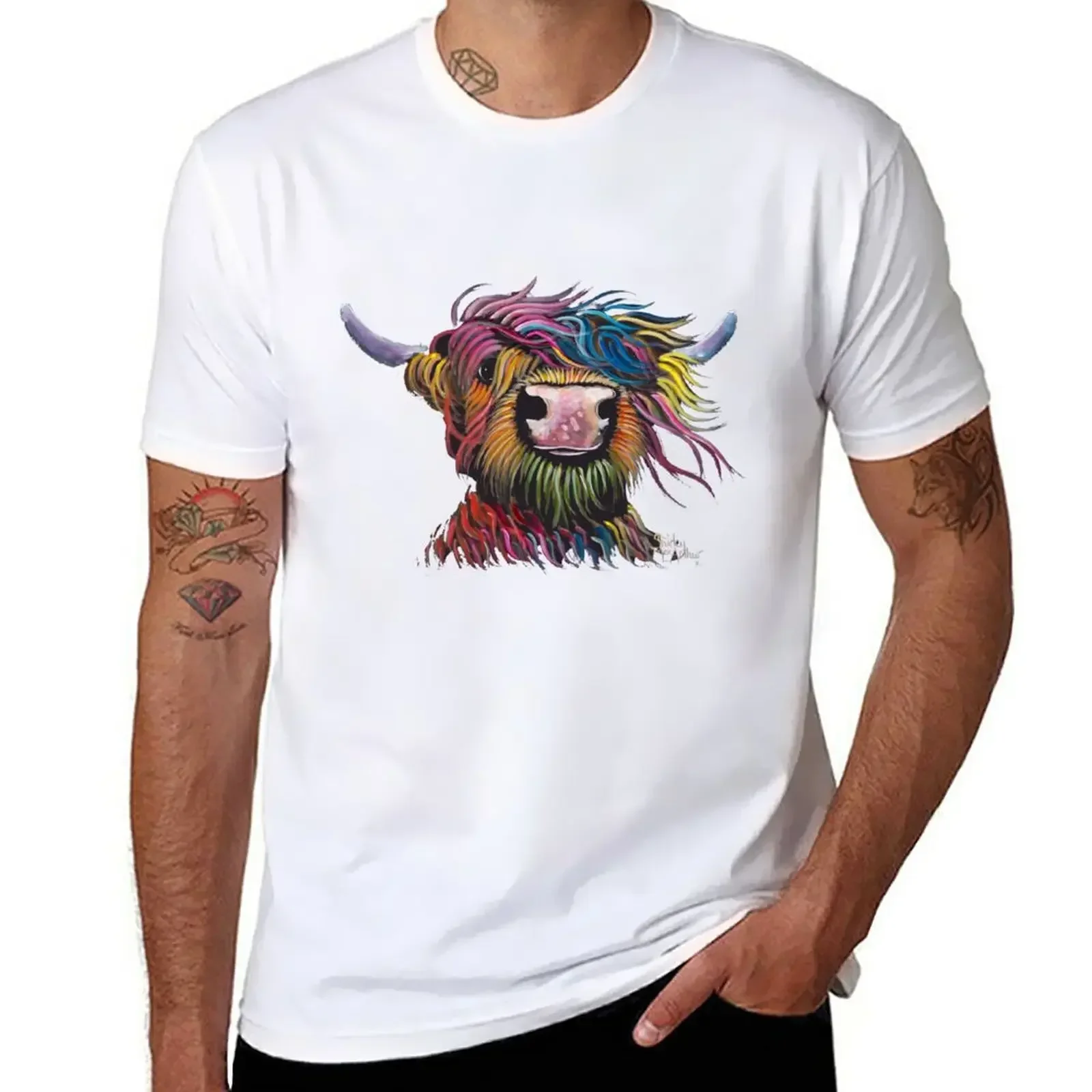 Scottish Hairy Highland Cow ' ROCK A BILLY ' by Shirley MacArthur T-Shirt animal prinfor boys Blouse mens cotton t shirts