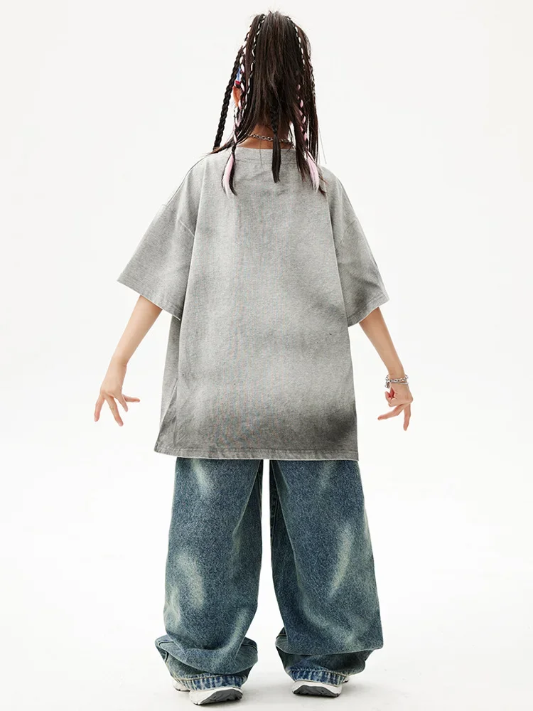 Abbigliamento per ragazze Hip Hop Costume da ballo di strada jazz per bambini T-shirt grigia oversize Pantaloni in denim blu per outfit da spettacolo per ragazzi