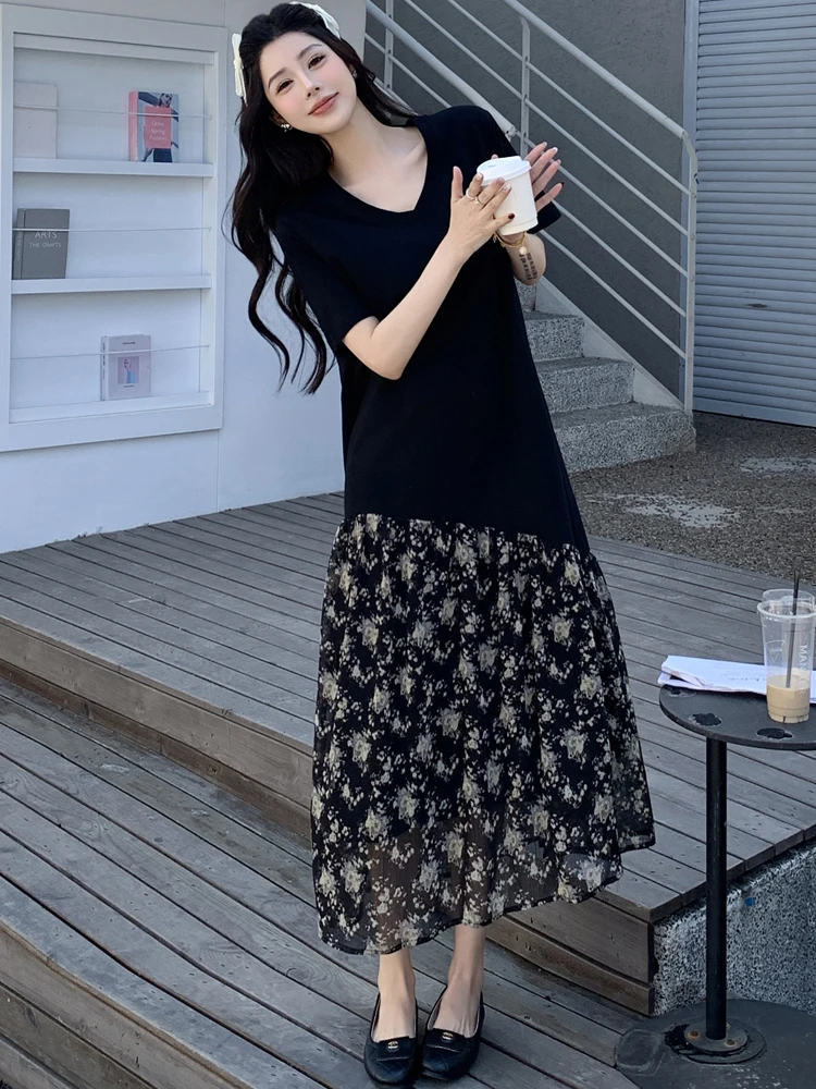 NYFS حجم كبير فستان نسائي فضفاض صيف 2025 كوريا نمط قصير الأكمام الخامس الرقبة المرقعة الزهور فستان طويل رداء Elbise #2