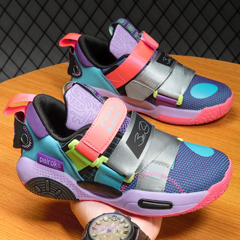 

New Hook Loop Basketball Shoes Kids Trainers Platform Purple Boy Sport Sneakers Breathable Mesh Basketball Sneakers For Children