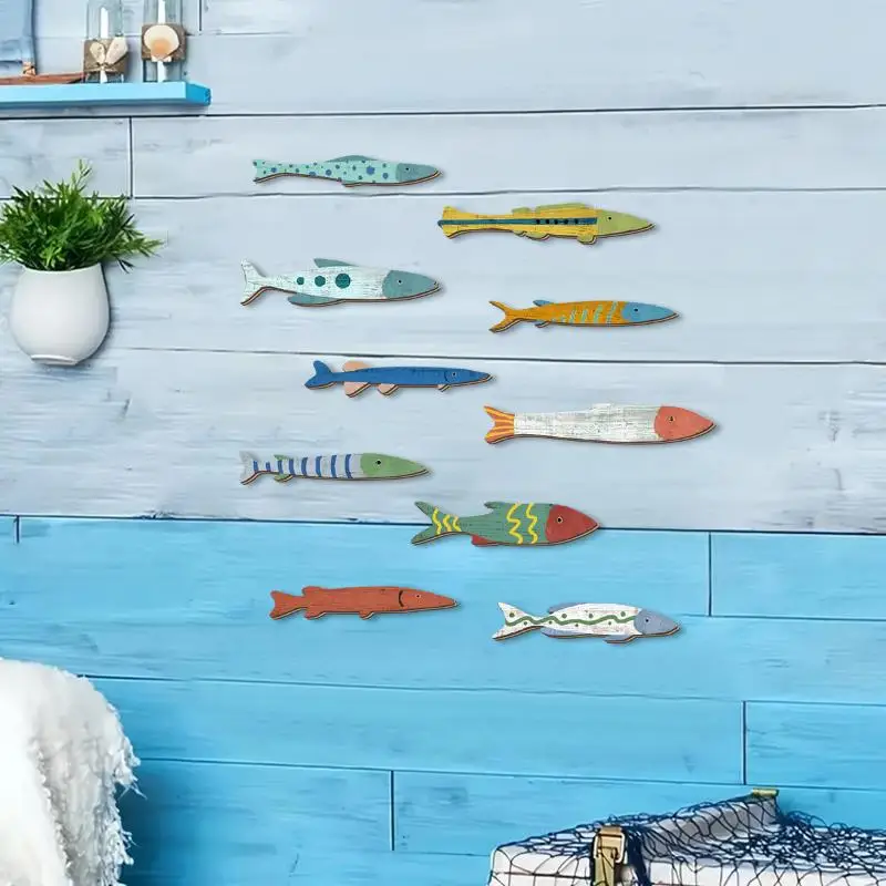 Handcrafted Wooden Ocean Wall Decor Fish Set Coastal Style For Home Bathroom
