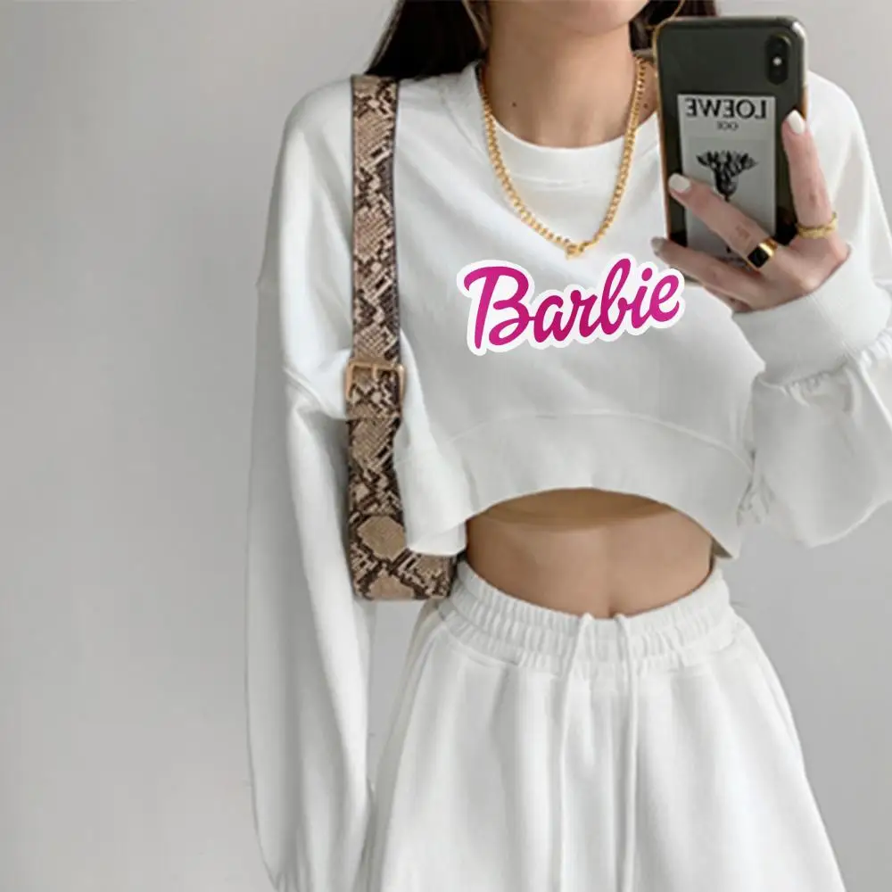 Fashion Barbie Girls Short Sweater T-Shirts Anime Sexy Summer Autumn Sexy Long Sleeve Crop Top Women Kawaii Sweatshirt Hoodies