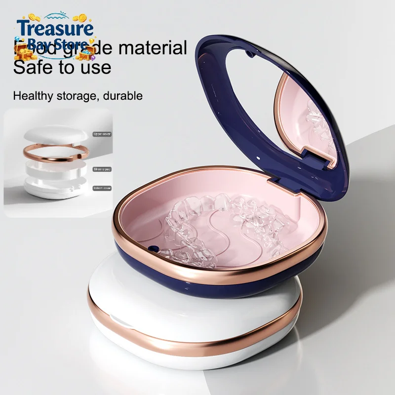Portable Denture Retainer Case With Mirror, Draining Oral Care Storage Box For Mouthguard Braces Travel Soaking