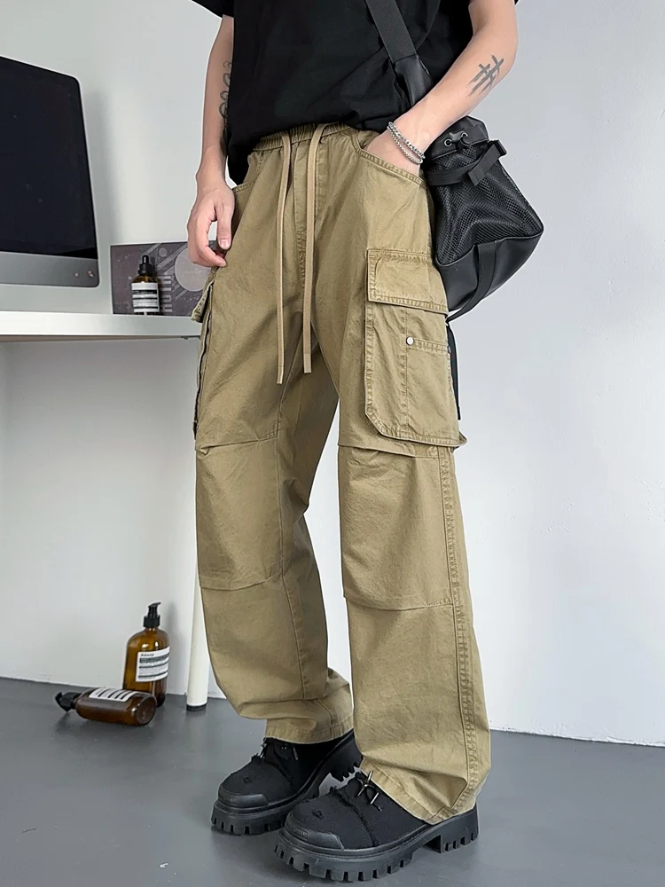 Men's Straight Cargo Pants Spring Summer Safari Style 5 Pockets Baggy Fit Casual Pants Washable Cotton Wide Leg Trousers