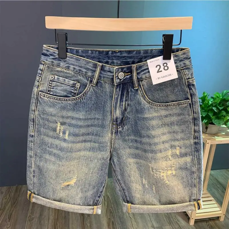High Street Ripped Denim Shorts Men's Summer Thin Five-Point Pants Korean Trendy Brand Ins Popular Comfortable Straight Pants