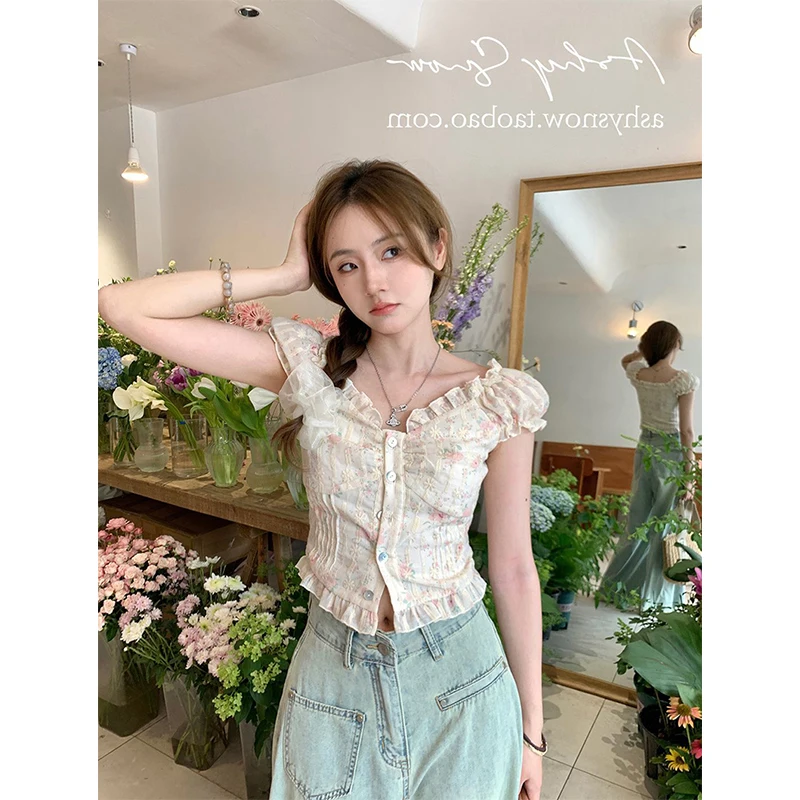 MEXZT Cropped Slash Neck Shirts Women Vintage Elegant Floral Embroidery Blouses Streetwear Korean Sexy Off Shoulder Crop Tops