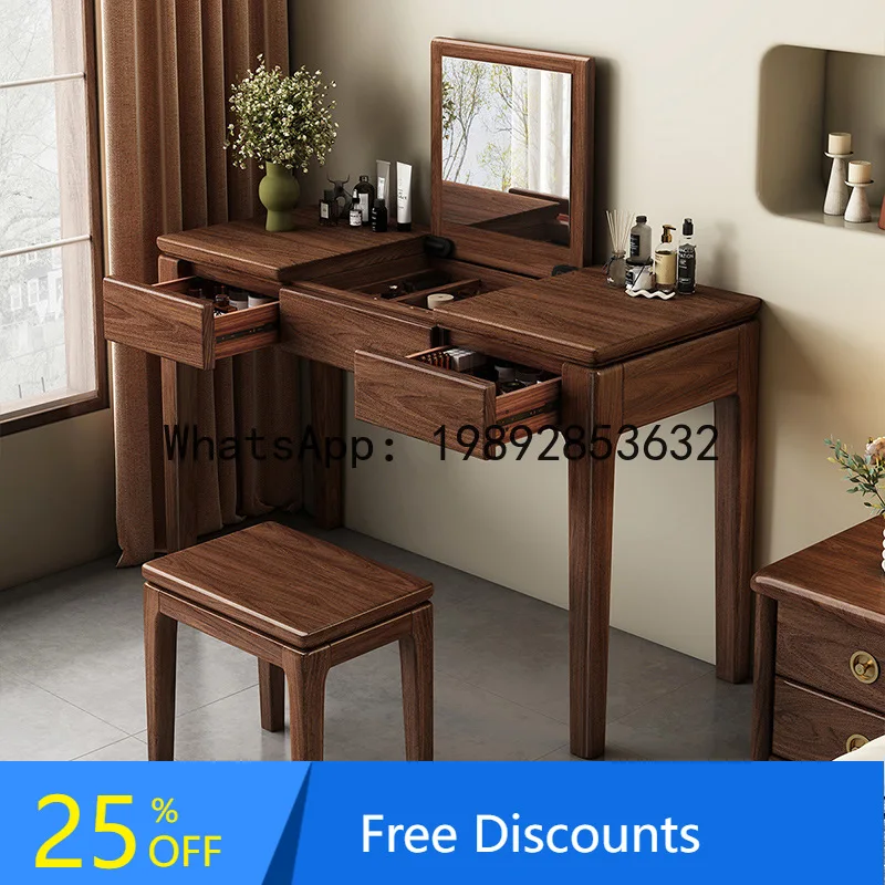 LYY Black Walnut Solid Wood Dressing Table Storage Desk Home Bedroom Vintage Style Makeup Table for Various Sizes