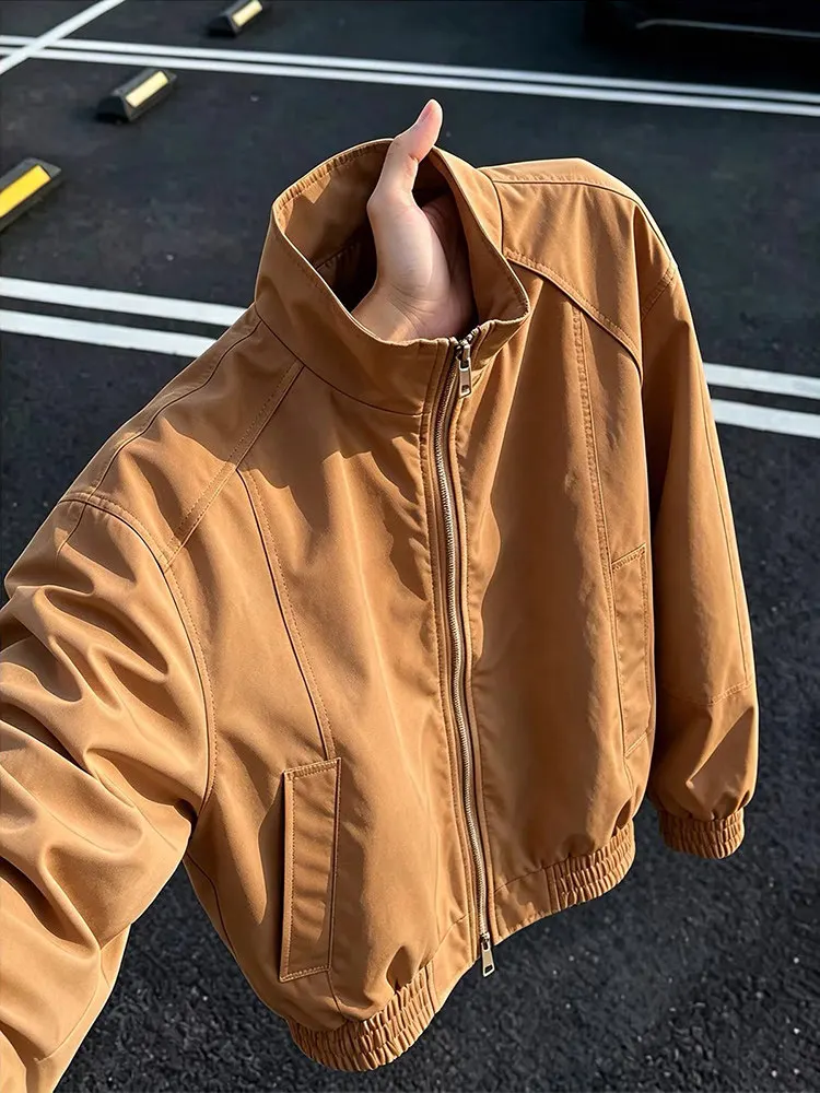 Brown American Deconstructed Flight Jacket Men's Short Style Stand Collar Baseball Game Feeling High-End Autumn Outerwear