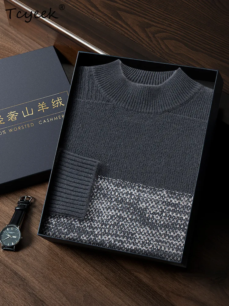 Tcyeek, suéter grueso 35% cachemira 65% lana, cuello simulado a rayas para hombre, jersey versátil de negocios, Otoño Invierno 2024 T47964QC