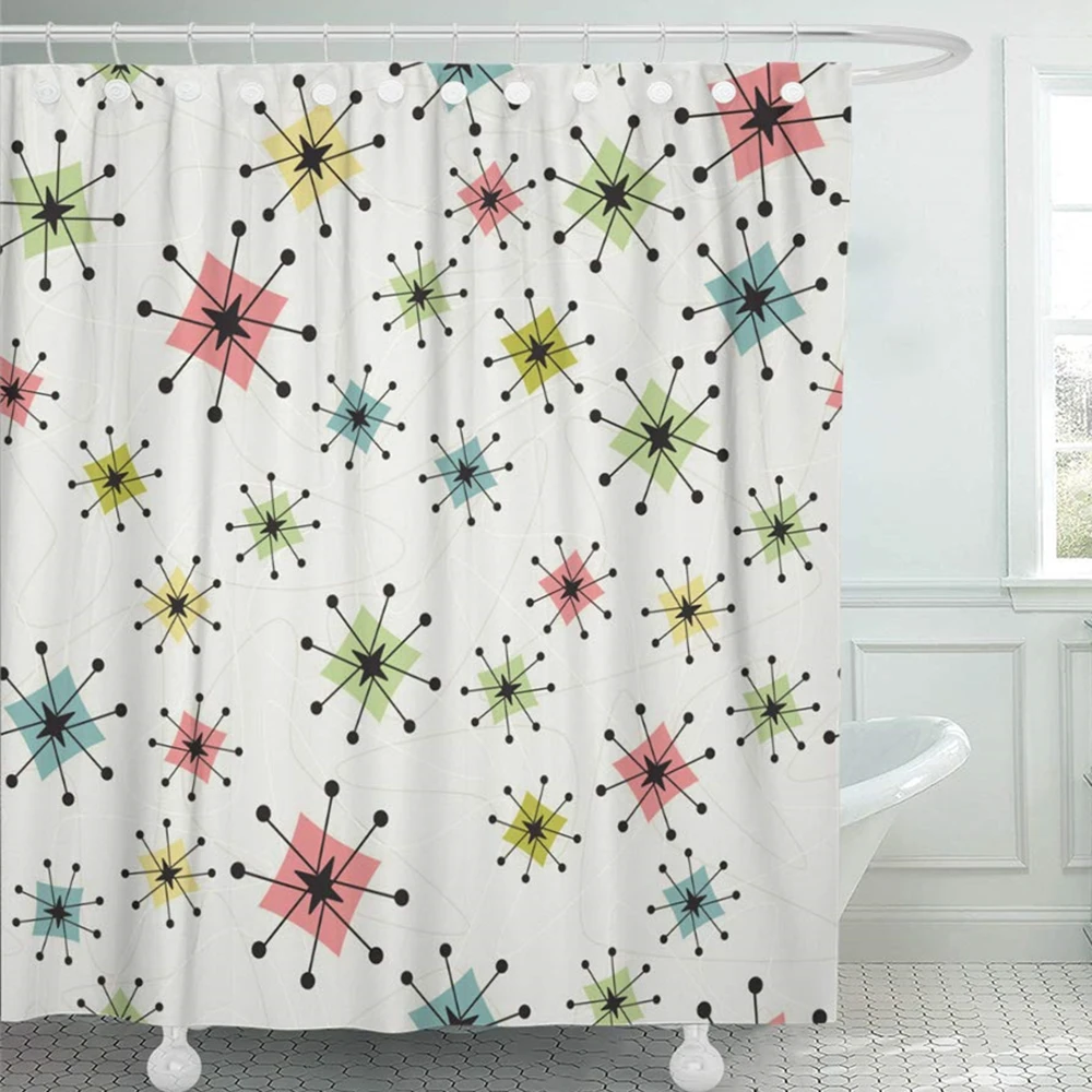Shower Curtain Vintage Atomic Stars Retro Pattern on Of Boomerangs Mid Centry Waterproof Polyester Fabric Bathroom Set with Hook
