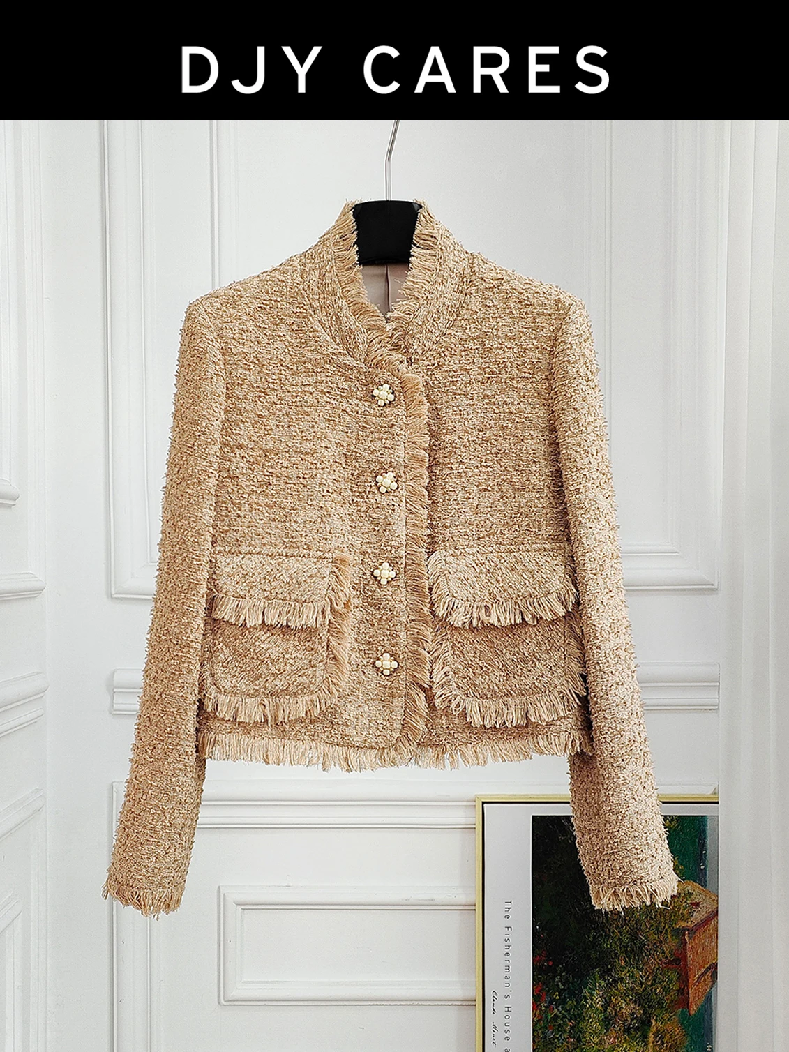 

New Rough woolen light luxury handmade tassel stand up collar jacket top big size