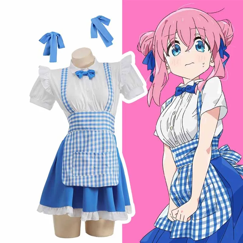 

Anime Bocchi The Rock! Gotoh Hitori Cosplay Costume Blue Check Skirt Jumpsuits Woman Sexy Kawaii Halloween Role Play Maid Dress