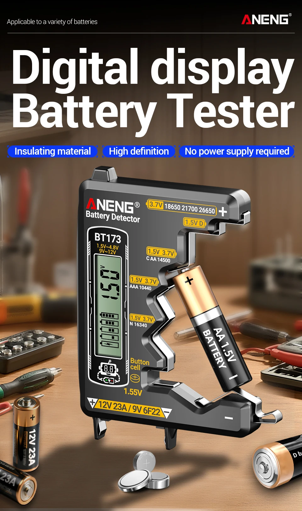 ANENG SZ305 Digital Multimeter AC / DC Spannungs-Ammeter-Kondensator hFE Triode NCV Spannungsinduktionsdetektor + BT173 Universal Digital Display Batterie-Tester Professioneller Elektriker-Werkzeuge-Kit – Detail 21