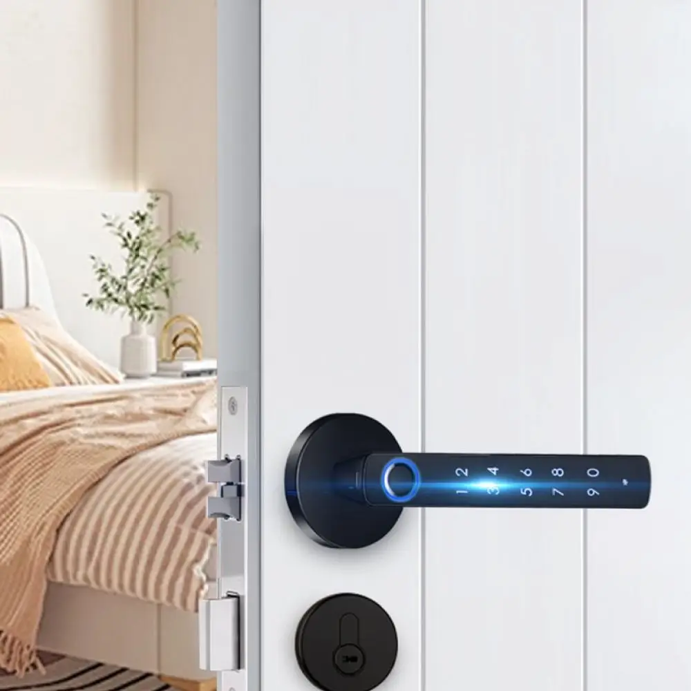 Biometric Fingerprint Door Lock Smart Bluetooth Handle Lock Keyless Entry System Modern Matte Black Wooden Door Latch