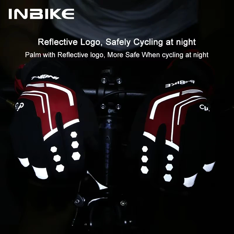 INBIKE 열전사 사이클링 장갑, 터치스크린, 겨울 MTB 자전거 장갑, 방수 충격 방지, 전체 손가락 반사 자전거 장갑