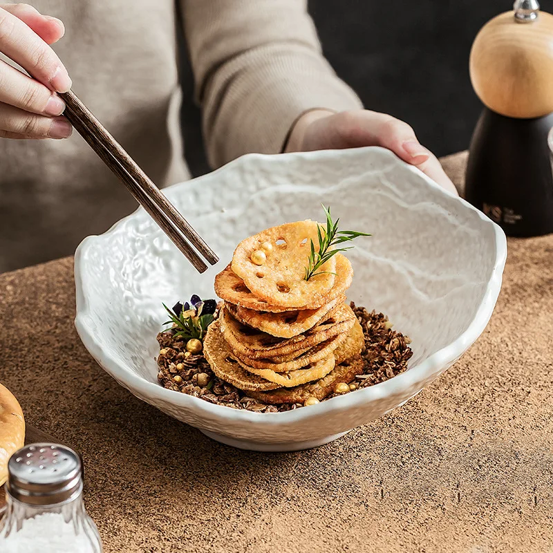 New Rock Texture Ceramic Dessert Bowl 8 Inch Irregular Slanted Rim Unique Tableware for Hotel Restaurant