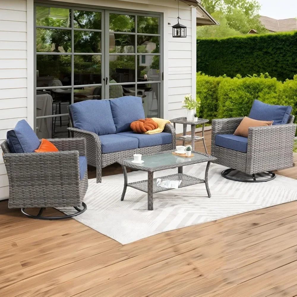 

5 Pieces Patio Furniture Set,Outdoor Furniture with Rockers, Rattan Conversation Sets w/Coffee Table, Grey Wicker Blue Cushion