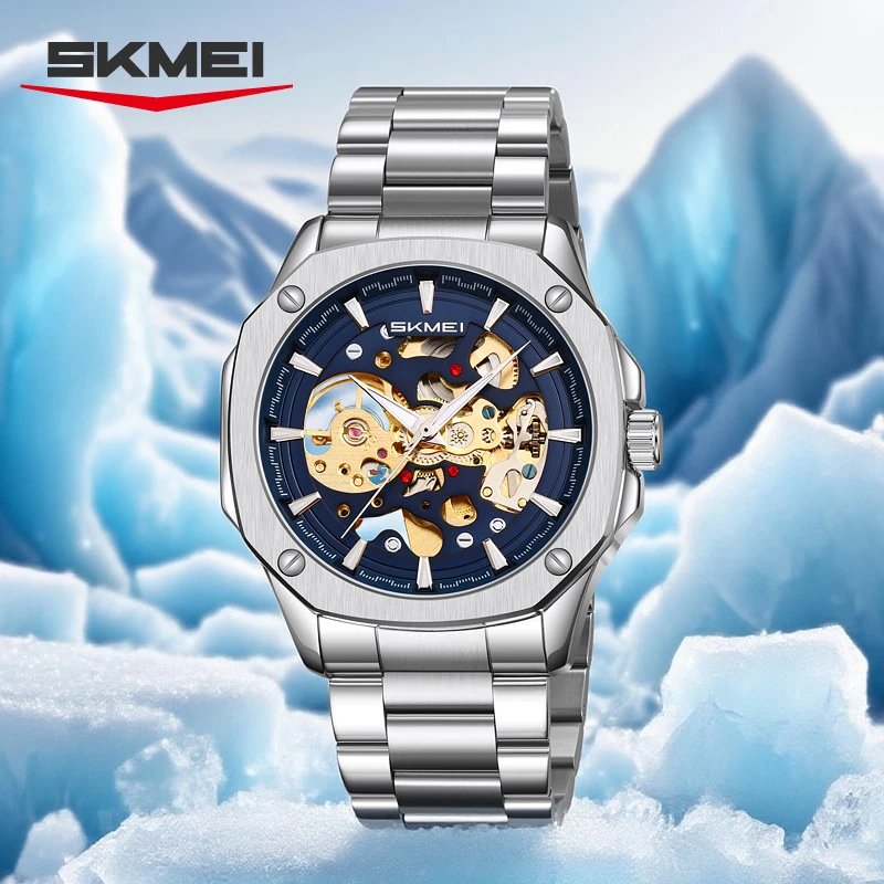 SKMEI Fashion Hollow Transparent Solid Steel Band Mechanical Watch for Men, Business Casual Waterproof Watch