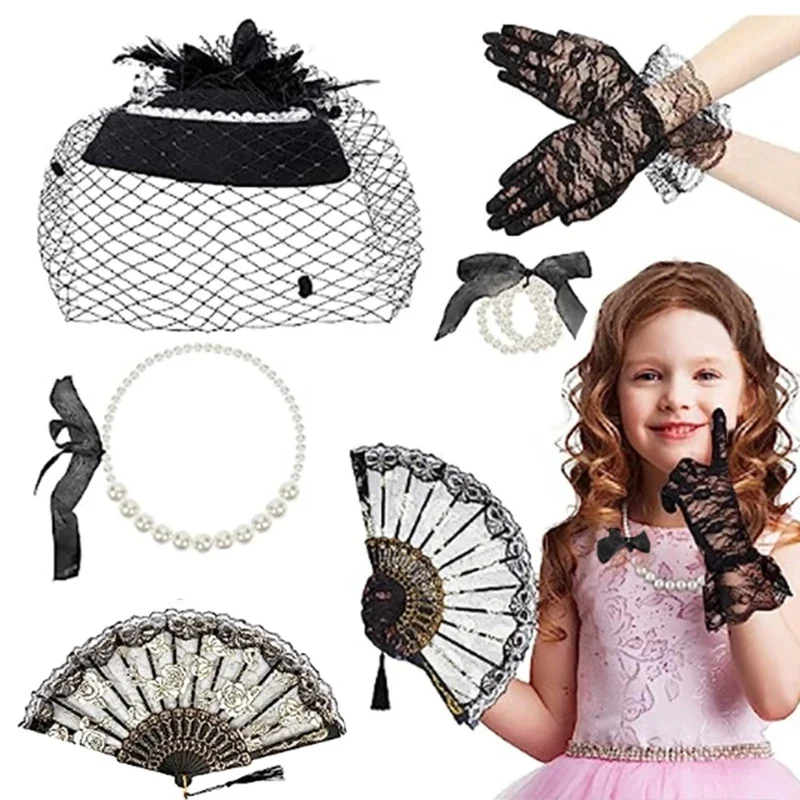 Chapeau bandeau fête pour enfants filles, gants courts en dentelle, collier perles, accessoires Costume Cosplay pour