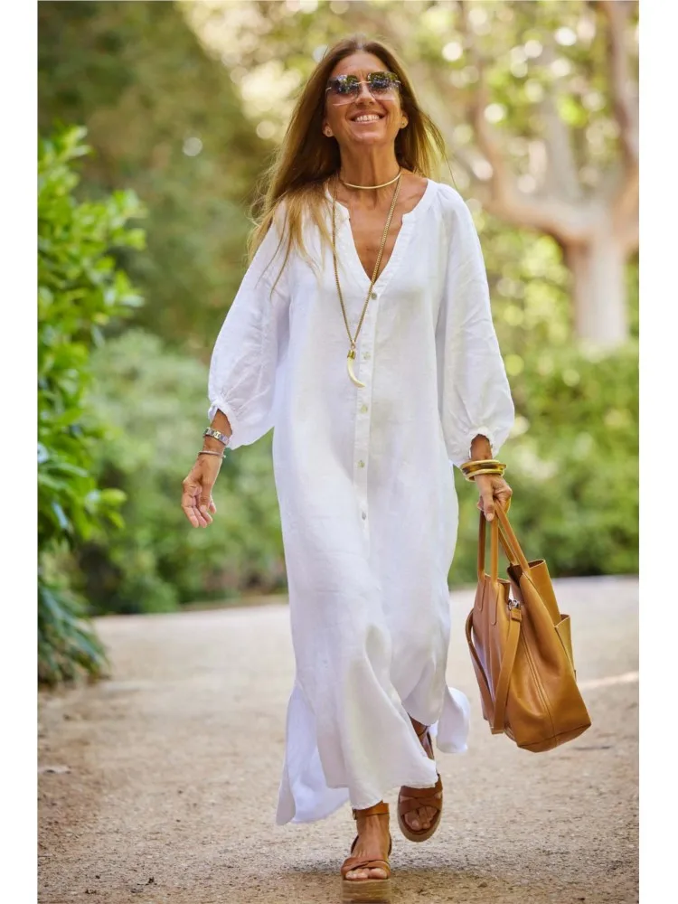 

Spring Autumn New V-neck Loose Shirt Dresses For Women's Solid Fashion Long Sleeve Buttons Cardigan Dress Woman Casual Dress