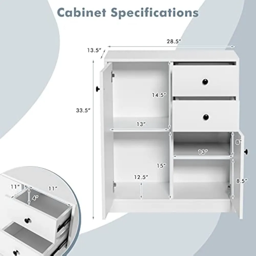 LOKO kabinet penyimpanan lantai putih Modern, Kabinet aksen dengan rak yang dapat diatur, 2 laci & 2 pintu, kabinet lantai