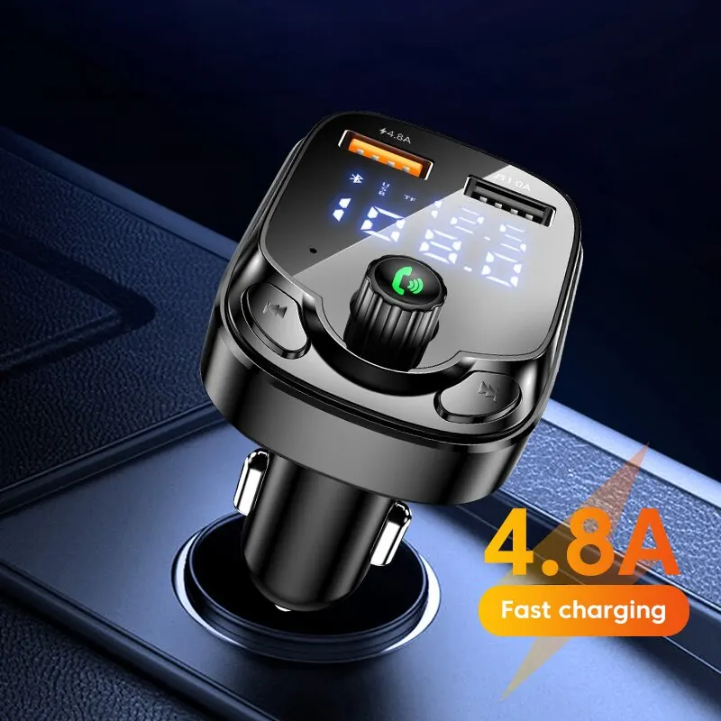 4.8A FM Transmitter Handfree Bluetooth 5.0 Dual USB Car Charger MP3 Wireles Modulator QC3.0 Charging Treble and Bass Sound Music