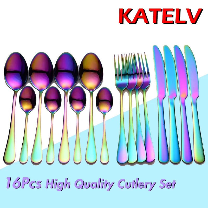 

16Pcs High Quality Rainbow Tableware Set 304 Stainless Steel Cutlery Set Knife Fork Spoon Dinnerware Set Silverware Flatware Set