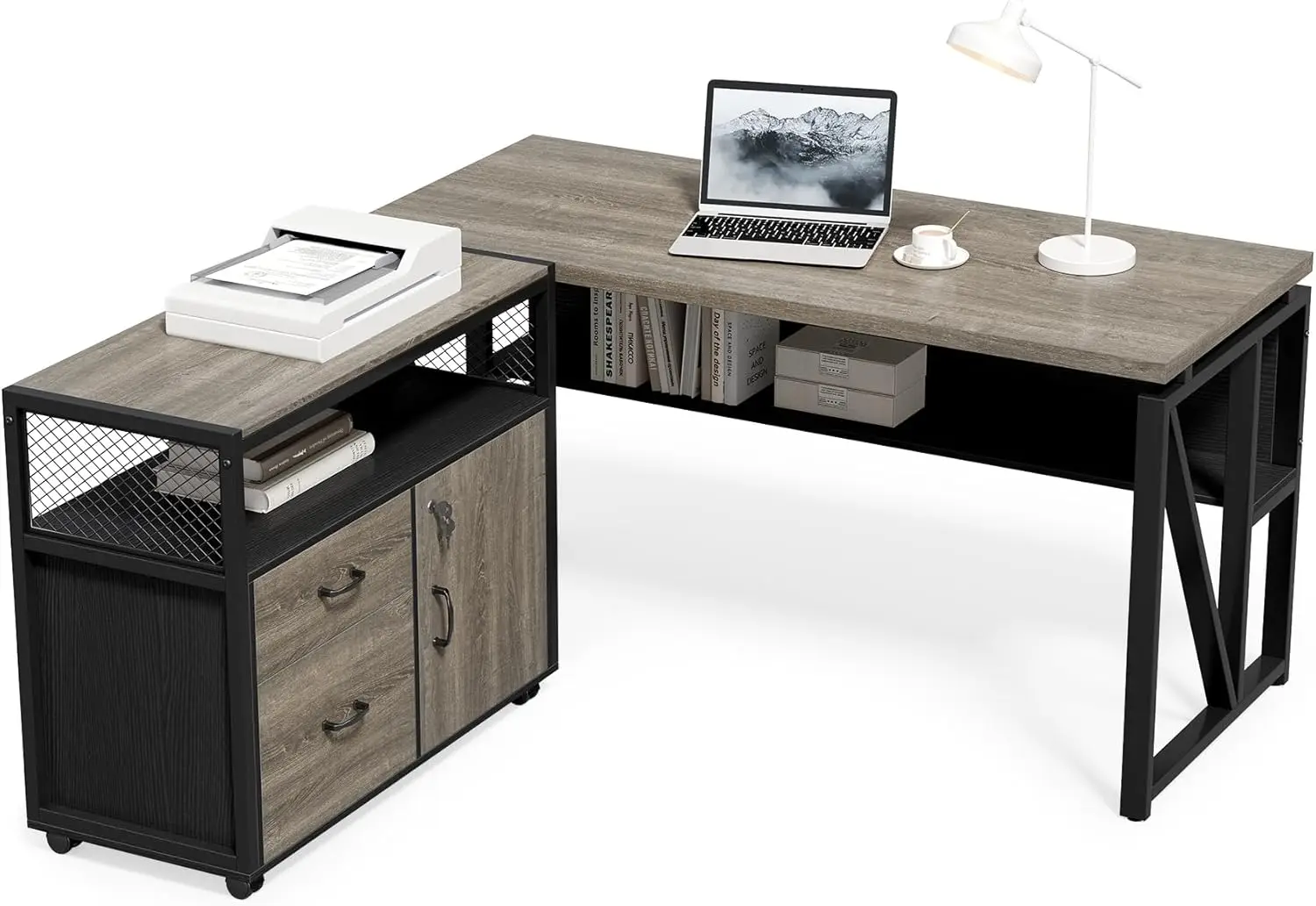 

55' Executive Computer Desk and Lateral File Cabinet, L-Shaped Office Desk for Home Office, Furniture Set, Grey