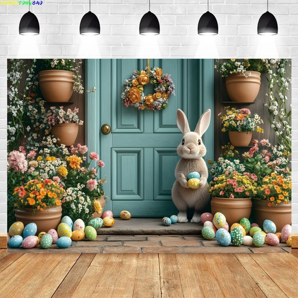 

Spring Easter Rabbit Eggs Photography Backdrop Rustic Wooden Door Garden Flowers Bunny Kids Portrait Decoration Photo Background