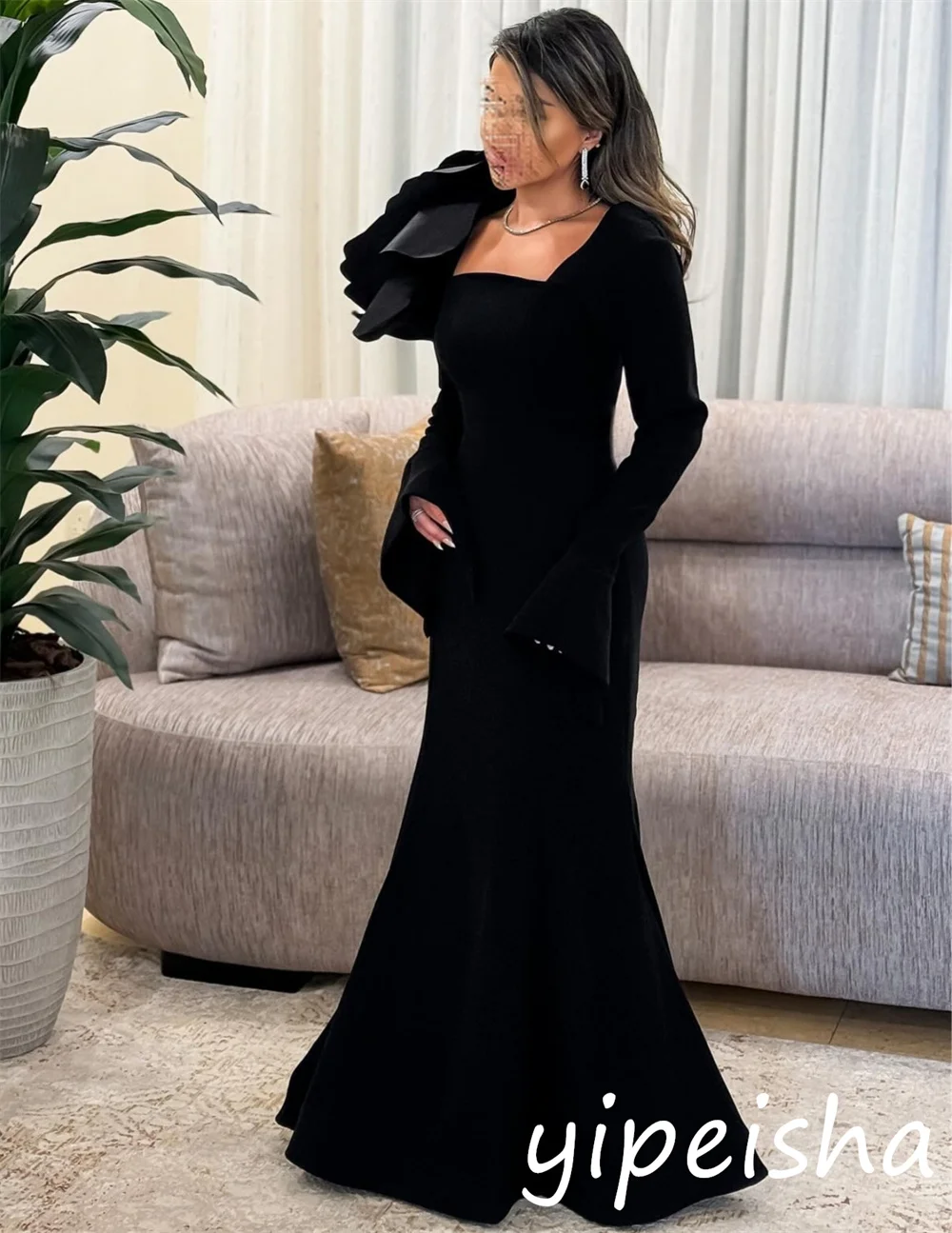 تخصيص جودة عالية جيرسي زهرة الطية البوق ساحة الرقبة فساتين طويلة مناسبة مخصصة معقدة #3