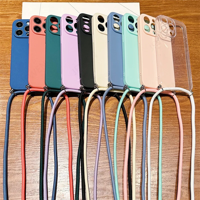 Crossbody Lanyard Candy Color Case For iphone 15 14 13 12 Mini 11 Pro Max X XS XR 8 7 Plus SE 2 3 Silicone Soft TPU Back Cover