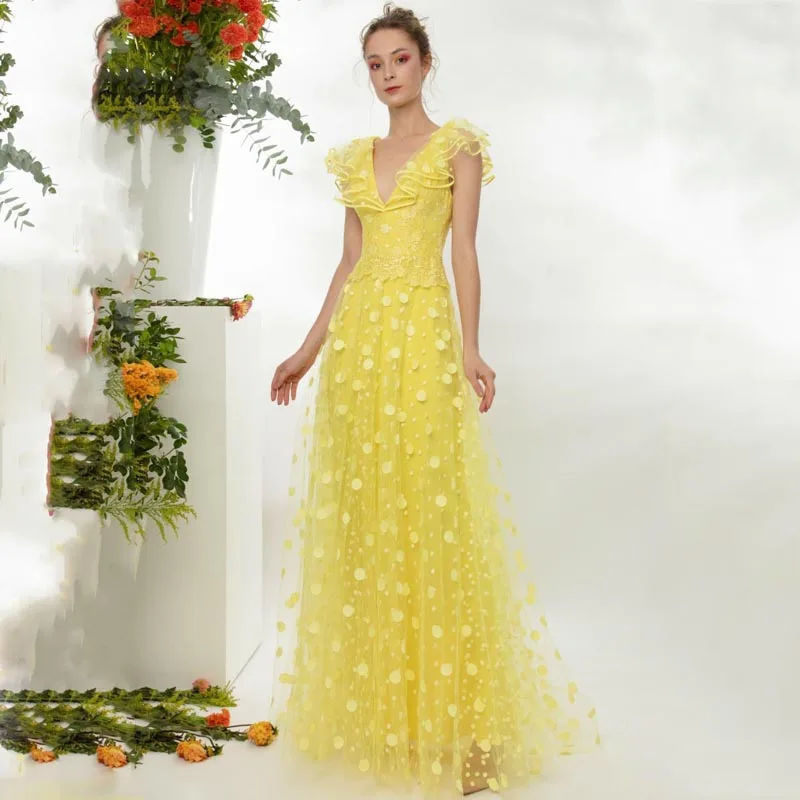 V neck Yellow Tulle Dress Floor Length Evening Dresses With Dot Ruffled Women Clothing Open Back Prom Gown Custom Made Dress