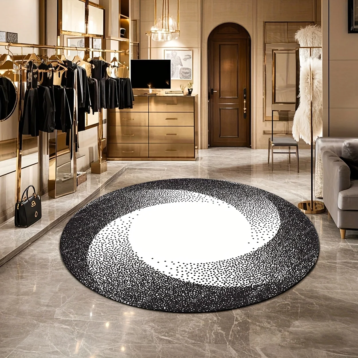 Minimalist Black White Speckle Swirl Circular Area Rug  Gradient Dotted Abstract Anti Slip Round Floor Mat  Rugs for Bedroom