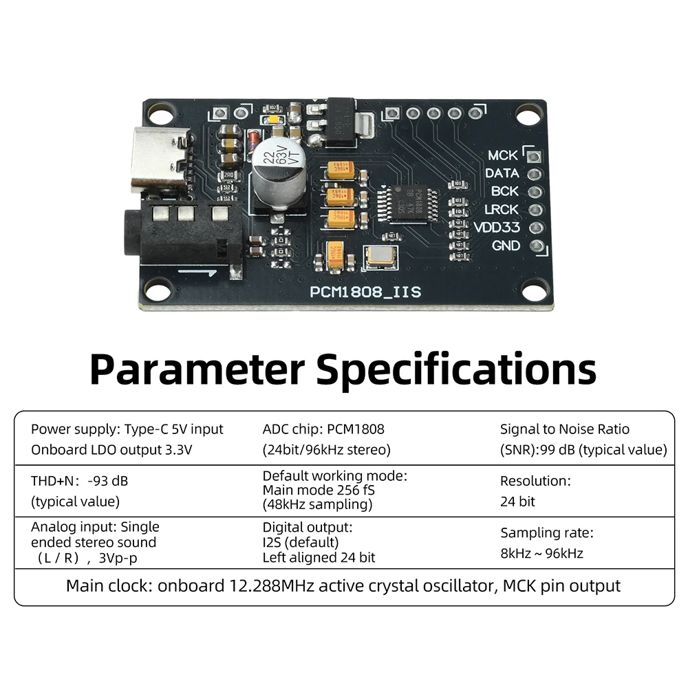PCM1808 Audio ADC Module with Type-C Power 24bit 96kHz I2S Output for ESP32 STM32