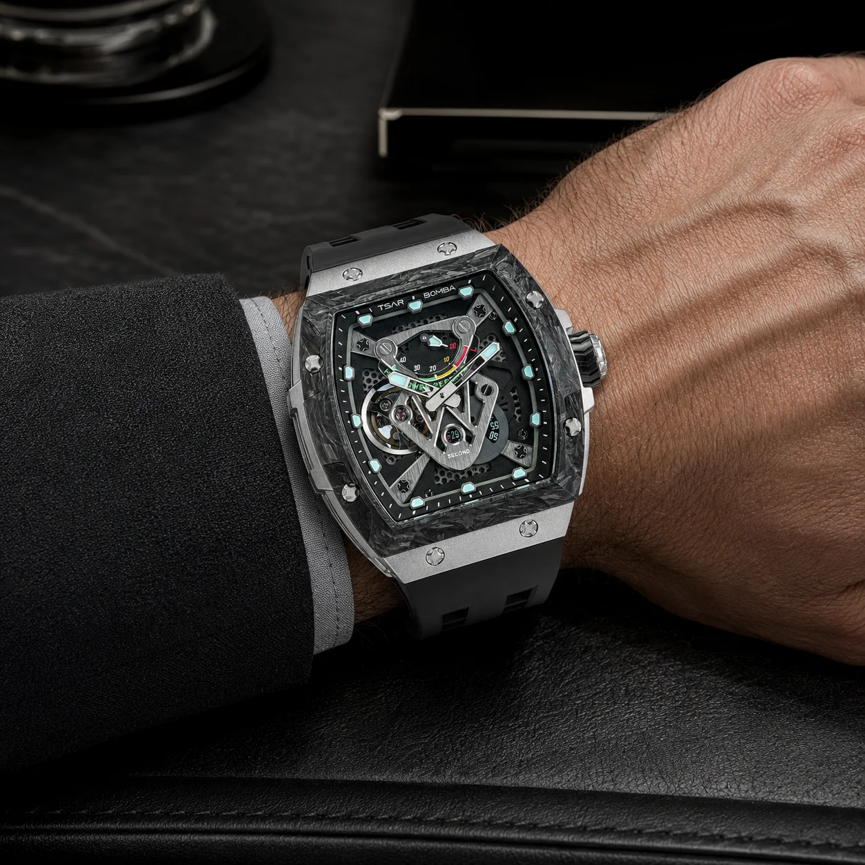 TSAR BOMBA Men's Automatic Watch Skeletonized Dial Titanium Alloy Case Carbon Fiber Bezel 5ATM Sapphire Crystal Luxury Gift