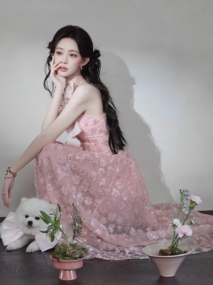 ピンクメッシュドレス女性ストラップノースリーブエレガントなスパンコール刺繍フローラ Vestidos ボディコンハイウエストパーティー服