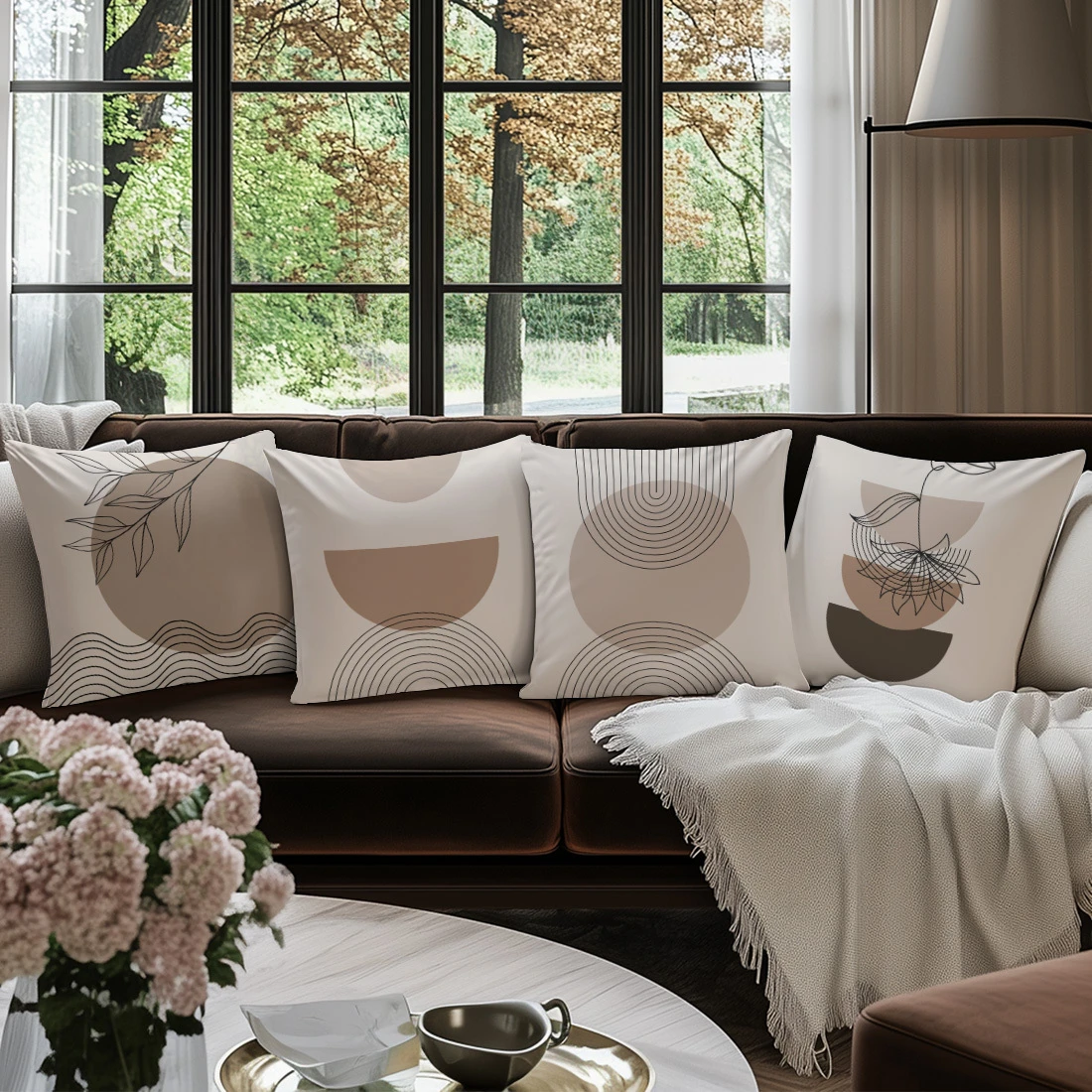 1PC 2D Flat Boho Neutral Tone Throw Pillow Covers Minimalist Geometric Leaf Line Art Cushion Cases for Home Decor