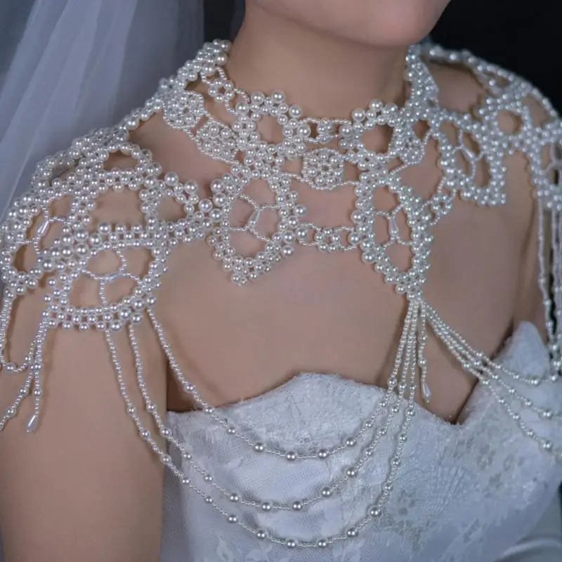 39BD Modische mehrschichtige Perlenkette, stilvoller Perlen-Schulter-Wickelschal, Brustschmuck für tägliche Outfit oder – Detail 8