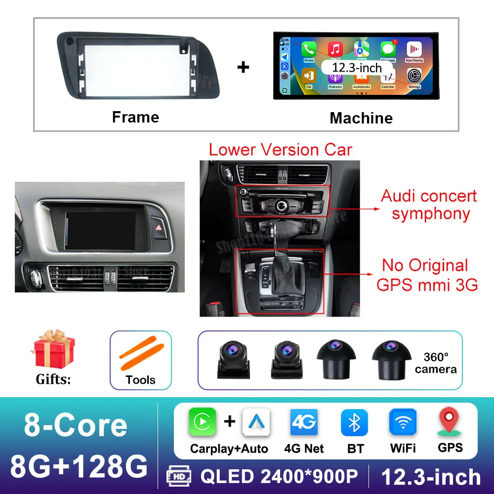 12,3 inch GPS Navigatie Draadloze Carplay Android 16 voor Audi Q5 2009 - 2017 BT Auto Multimedia Video Radiospeler 4G Auto Gereedschap