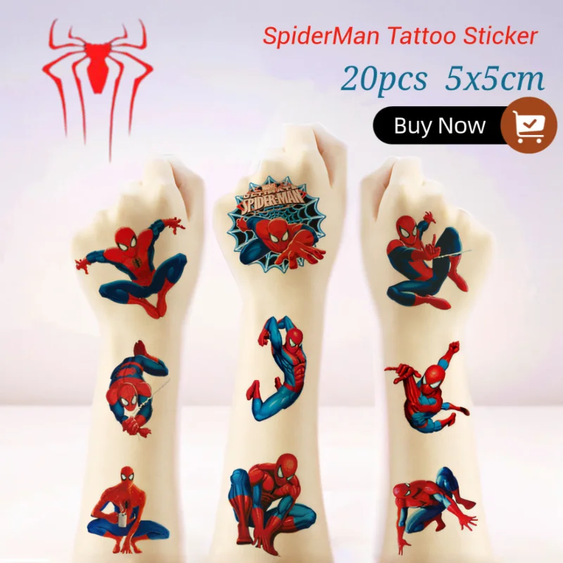 20Pcs Marvel Spiderman Tattoo Sticker Children\'s Reward StickerWaterproof Tattoo Sticker For Boys Toys Kids Birthday Gift