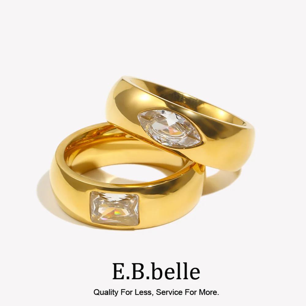 E.B.belle Fine Polished Bold Chunky Stainless Steel Square Eye Shape 3A Zircon Stone Square Marquis Crystal Gold Rings For Women