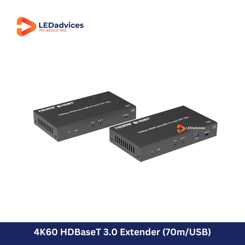 4K60 HDBaseT 3.0 Extender, 70m HDMI Over CAT6/6A, USB 2.0, Bi-Directional IR, RS-232, PoC, Audio De-Embedding, EDID HDR/Dolby