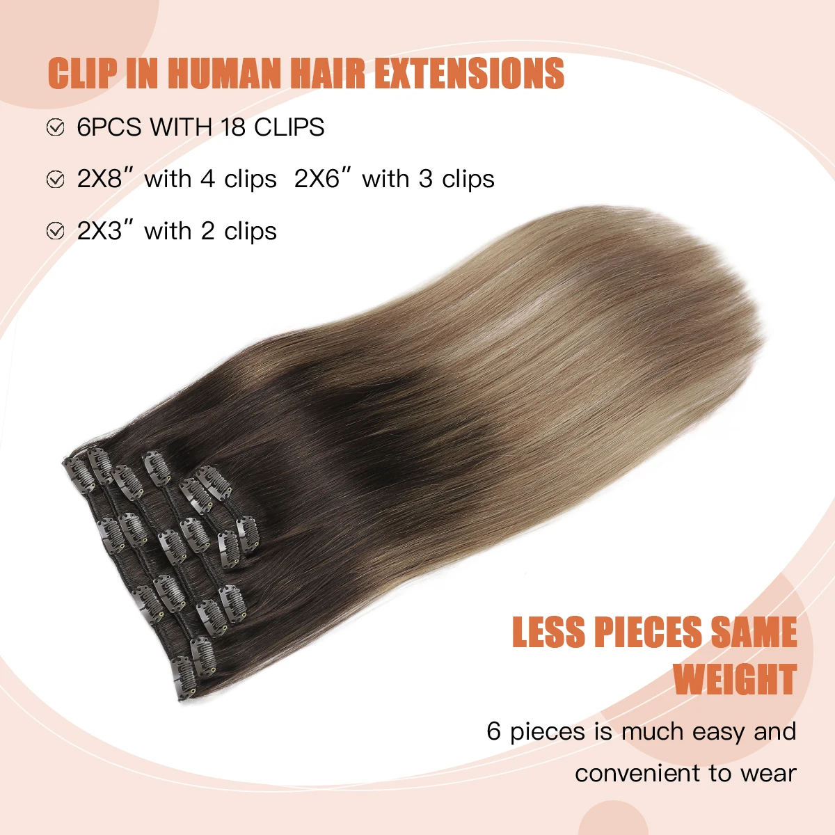 XDhair-Extensions de cheveux à clipser, cheveux humains, 100g, 6 pièces, 16 pouces, Balayage brun foncé à brun châtain et blond sale