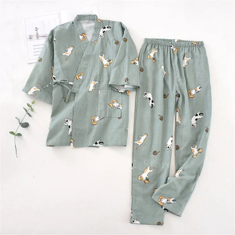 Conjunto de ropa de 2 piezas para amantes japoneses, Kimono con estampado de gato Kawaii, Yukata, ropa humeante, pijamas, albornoz, camisón, Japón