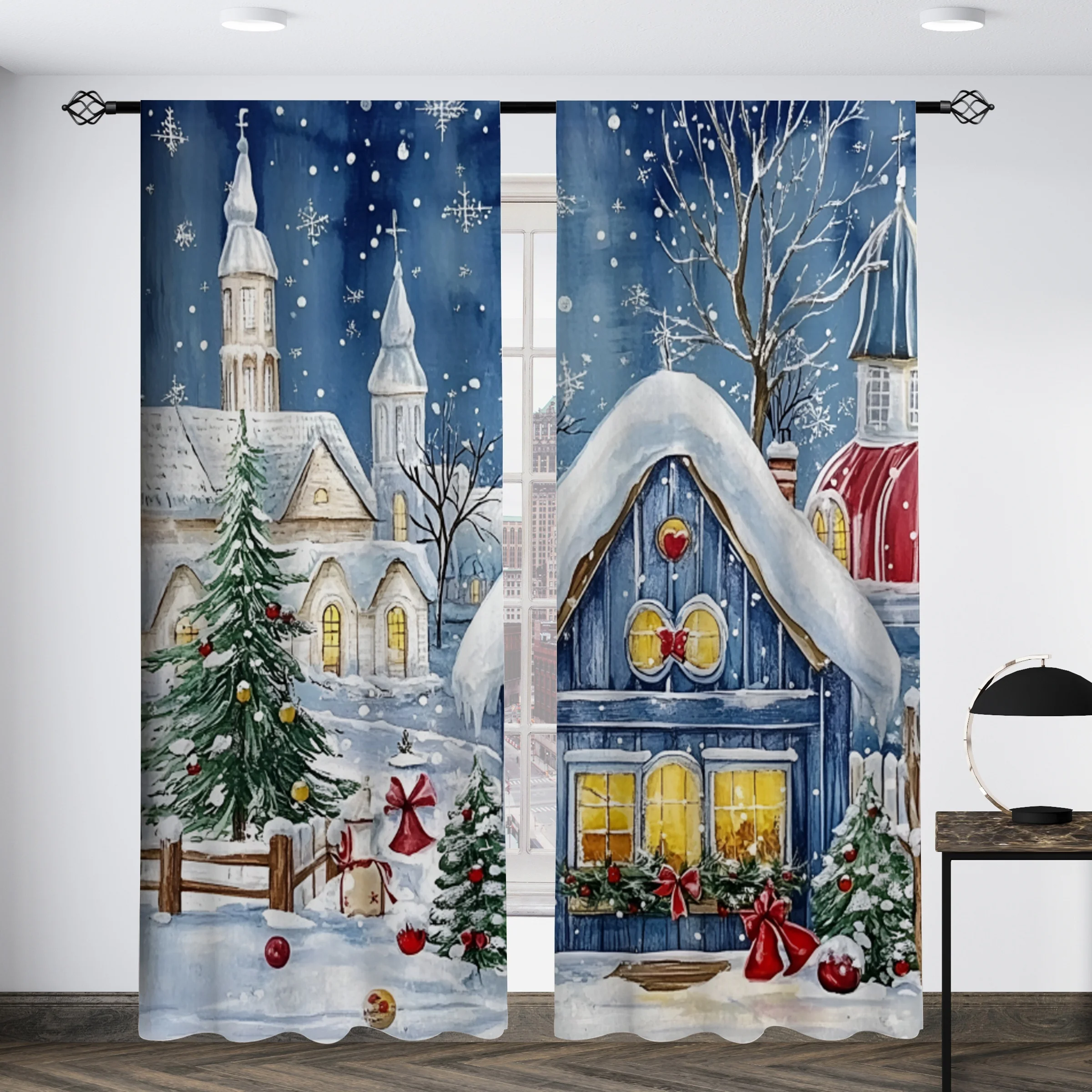 Festive Christmas Winter Scene Curtains Drapes Snowy Village Cottage European Style Polyester Window Drapery for Living Room Bed