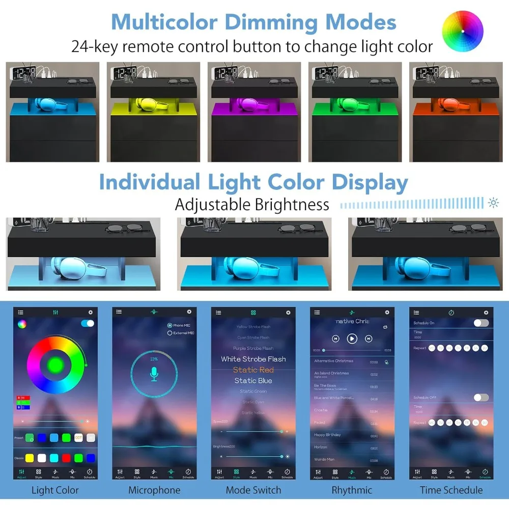 LED Nightstand with Wireless Charger and USB Ports, 3-Drawer Nightstand with RGB Adjustable Brightness LED Light