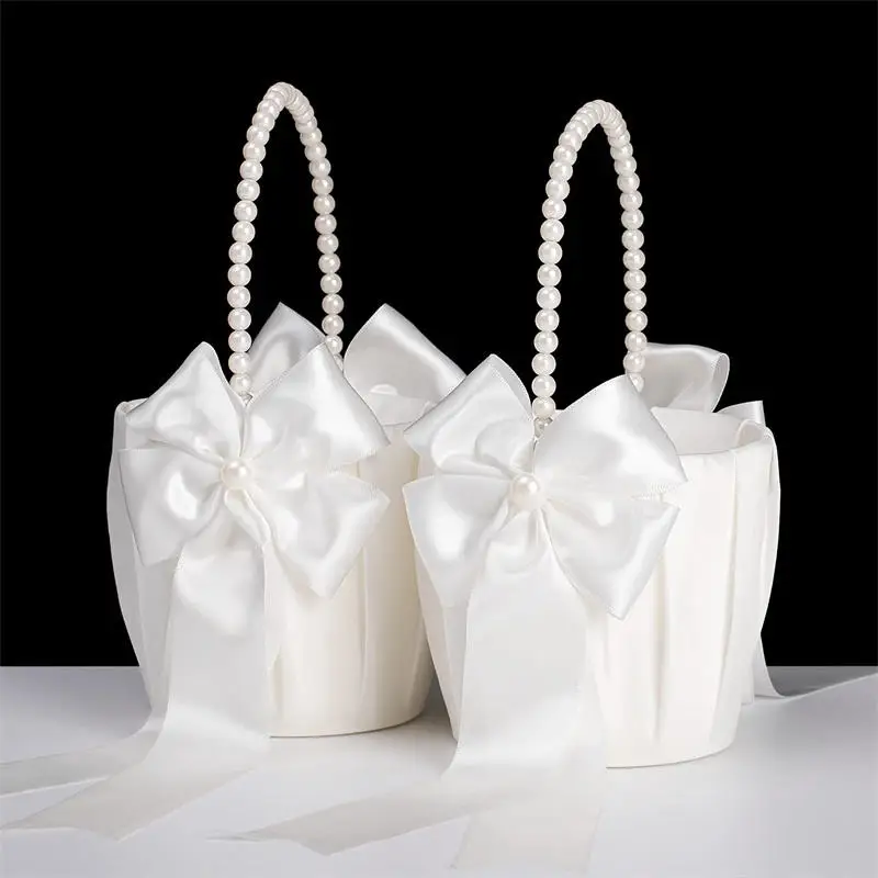 1-2pcs Pearl Handle Flower Basket Satin White Western Rustic Bowknot Wedding Basket Foldable Flower Basket For Floral Petals
